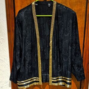 Black 100% Silk Ladies Open Jacket With Gold Beads Size 6 Long Sleeve